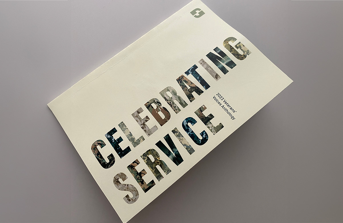 Cover of a book that says "Celebrating Service: 2023 Veterans' Voices Anthology"