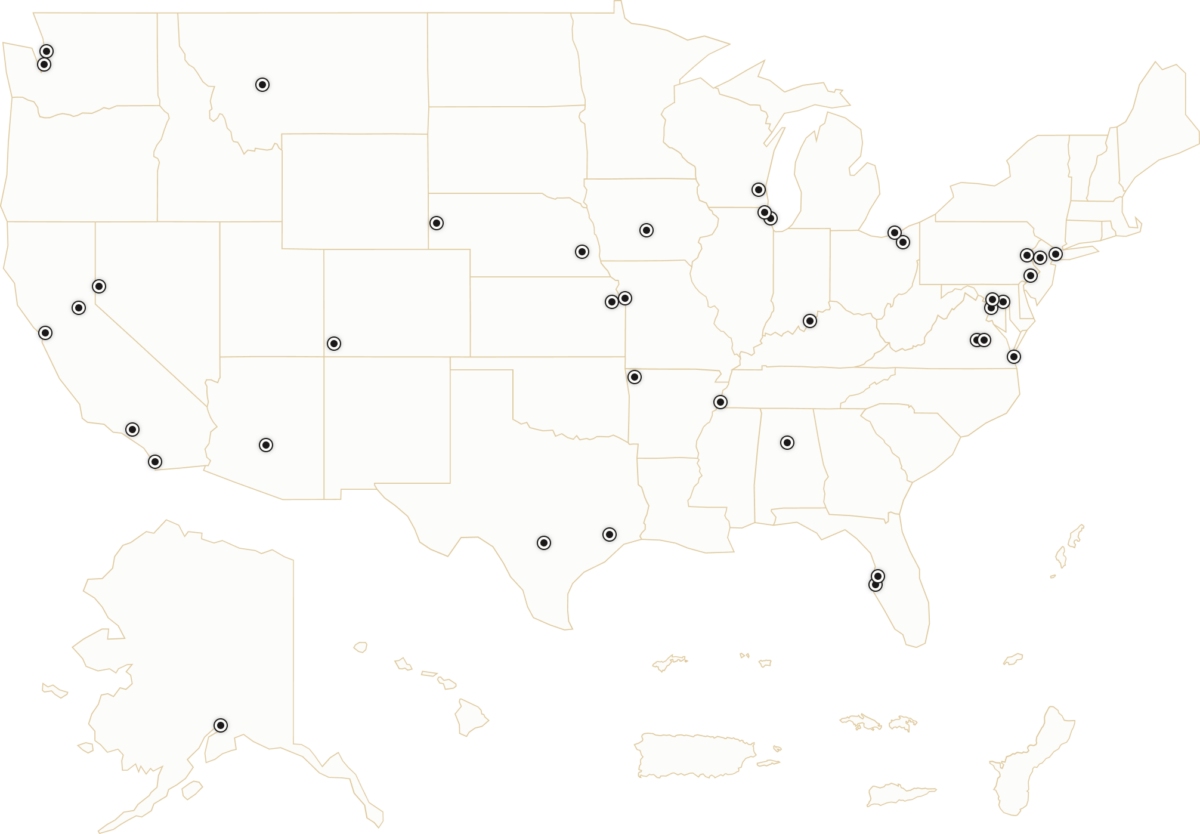 Map of the United States with dots representing the location of Community Engagement grant programs. To access a full list of grantees, visit the links to the 2022 and 2023 Grantee pages below
