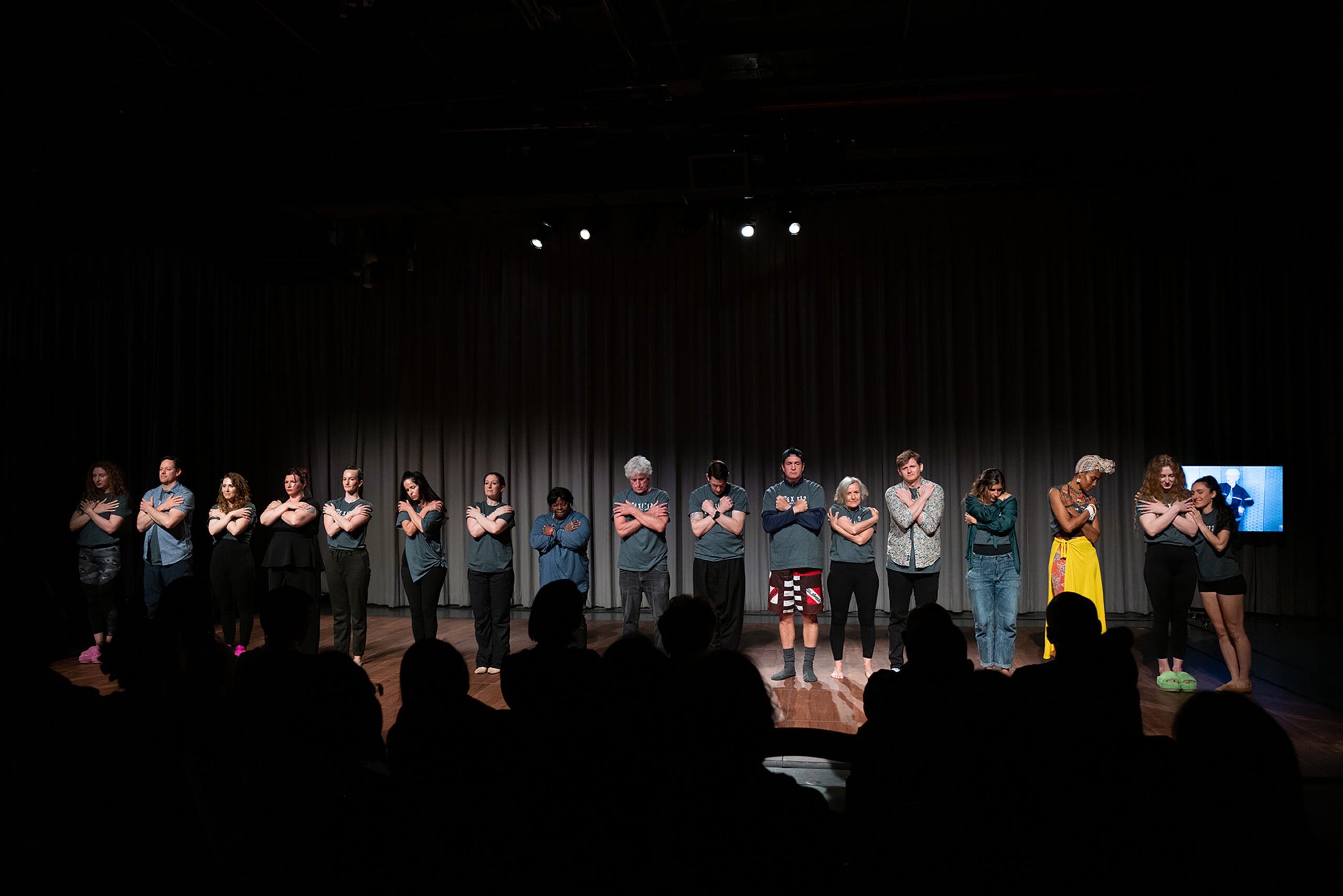 A diverse group of people stand in a line across a stage, with the audience in shadow in the foreground. They hold their arms crossed in front of them.